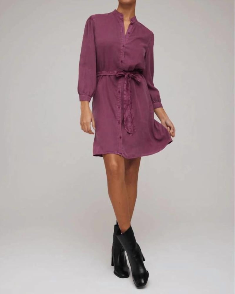 Front of a model wearing a size Large Puff Sleeve Belted Shirt Dress in Purple Berry in Purple Berry by Bella Dahl. | dia_product_style_image_id:345197